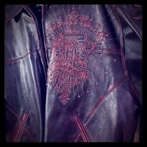 Men's Black Leather jacket with Burgundy Stitching